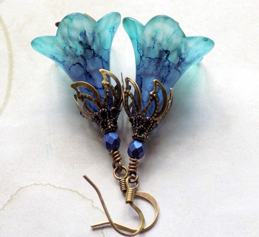 Denim Blue "Stonewashed", Blue and Teal Hand Painted Lucite Flower Earrings 