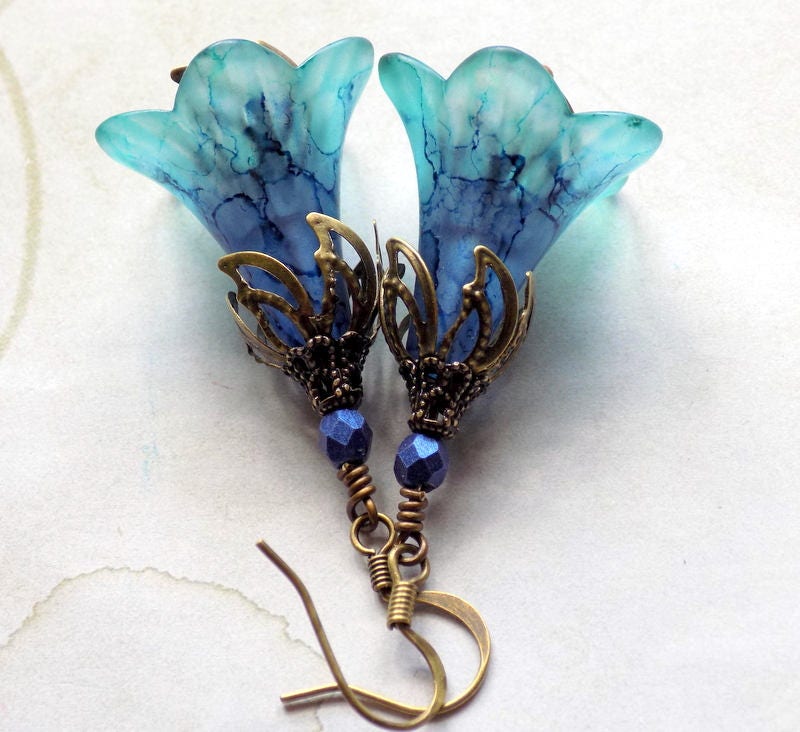 Denim Blue "Stonewashed", Blue and Teal Hand Painted Lucite Flower Earrings 