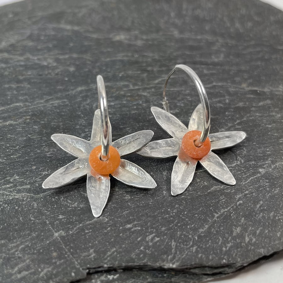 Sterling silver and orange stone Flower hoop earrings