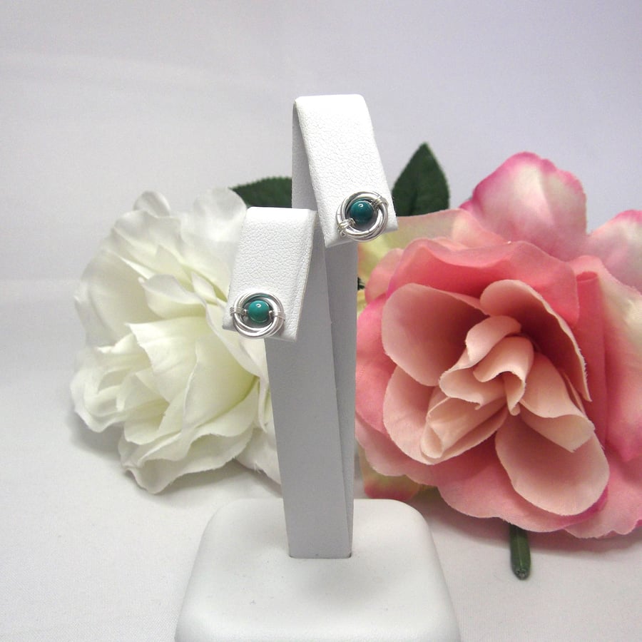 Turquoise gemstone Russian wedding ring style stud earrings with recycled silver