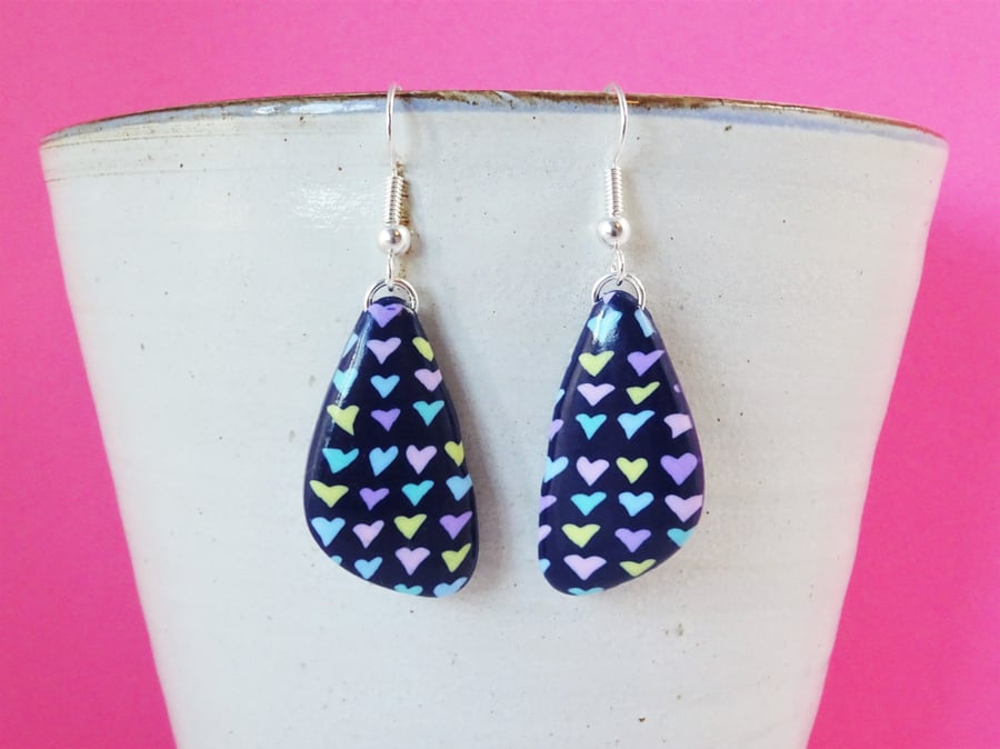 Navy blue abstract triangle earrings, Dark blue earrings, Pastel colour hearts
