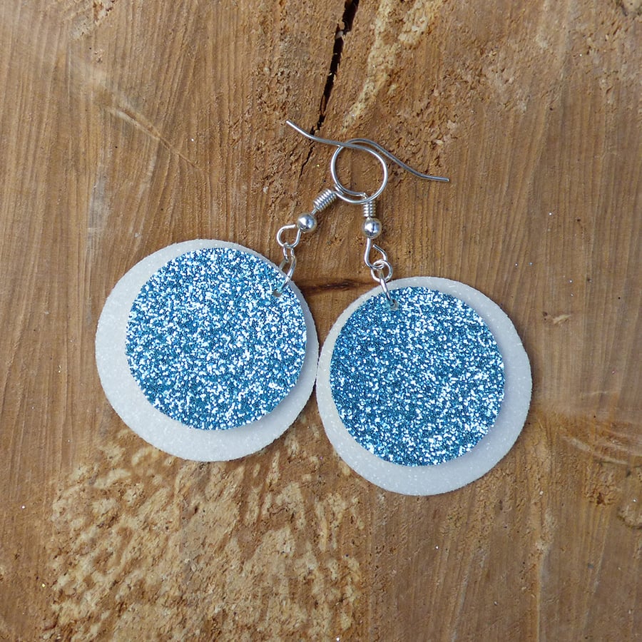 White & Pale Blue Glitter Faux Leather Double Layer Circle Earrings