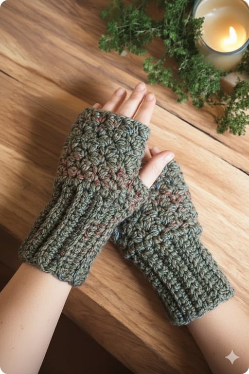 Hand Crocheted Fingerless Gloves Wrist Warmer Forest Green Red Boho Soft  Chunky