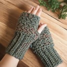 Hand Crocheted Fingerless Gloves Wrist Warmer Forest Green Red Boho Soft  Chunky