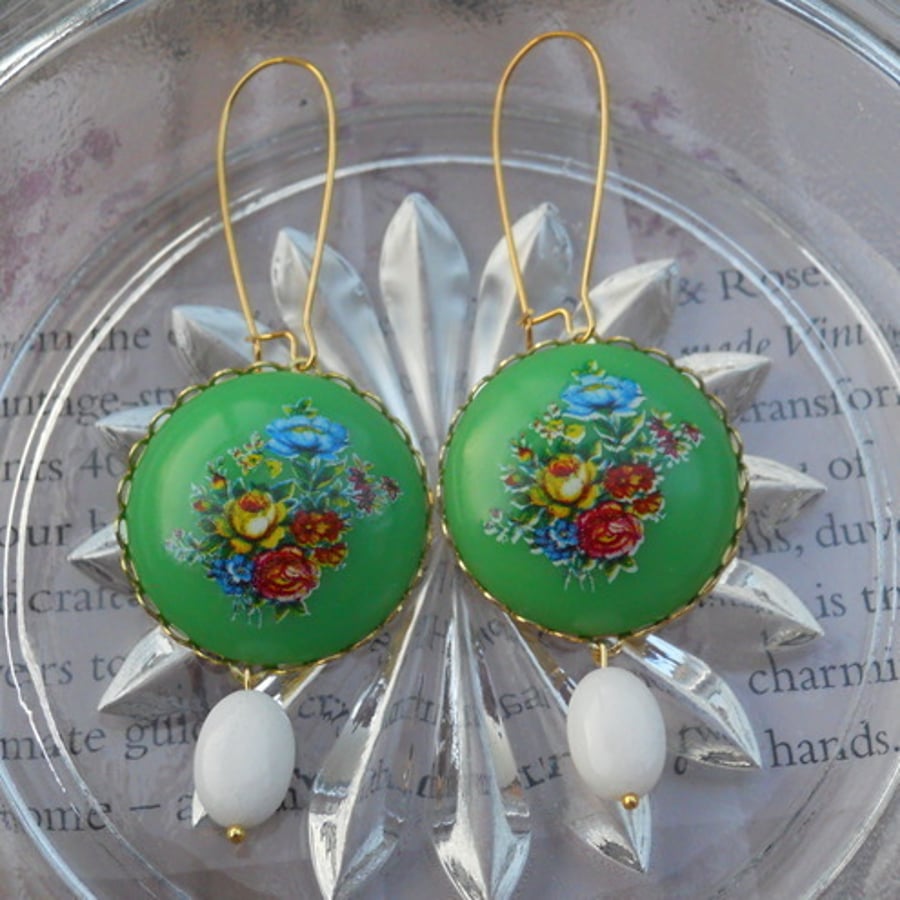♥ Pretty green vintage floral earrings‏