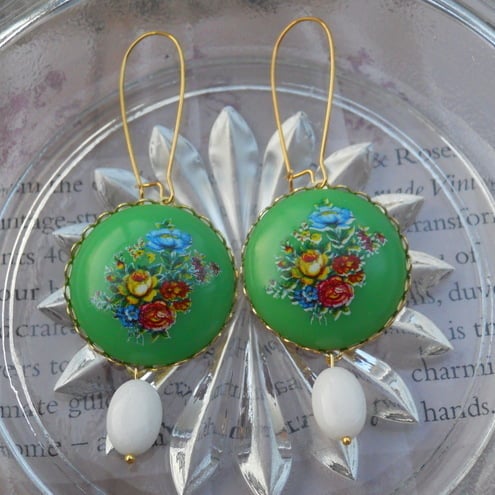 ♥ Pretty green vintage floral earrings‏