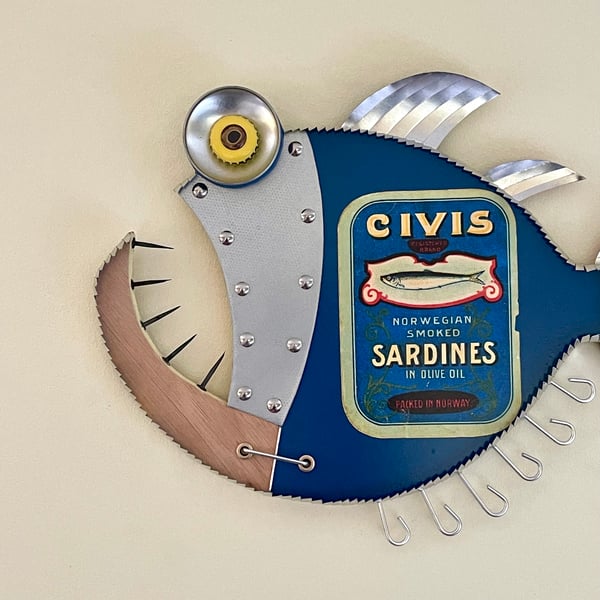 Handmade Reclaimed Wood: Steam Punk Wall Art Sardine Fish Decoration 