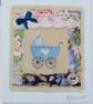 Little pram embroidery on card, vintage fabrics, for a precious new baby boy - Image 2