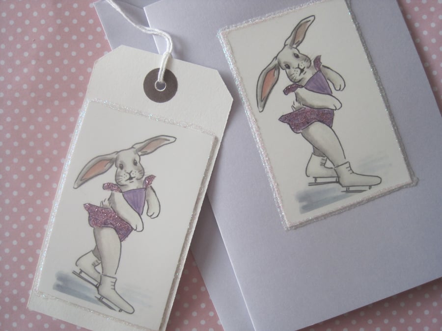 SALE Bunny Rabbit Greetings Card and Matching Gift Tag Ice Skater