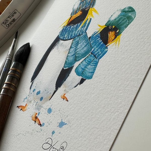 Watercolour Print Rockhopper Penguins 'Salty and Pepper' - Signed