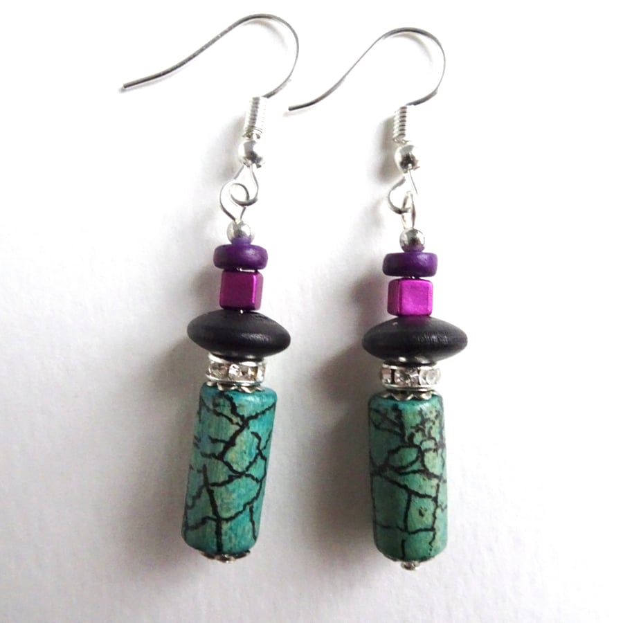 Green Crackle Tube Bead Black Purple with Silver Tone Rhinestone Spacer Bead