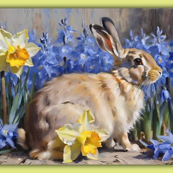 Hare or Rabitt Daffodils & Bluebells A5 Greeting Card 