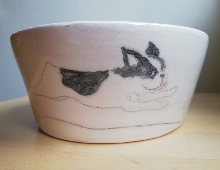 Handmade ceramic dog bowl French bulldog dachshund fox terrier & Jack Russell 