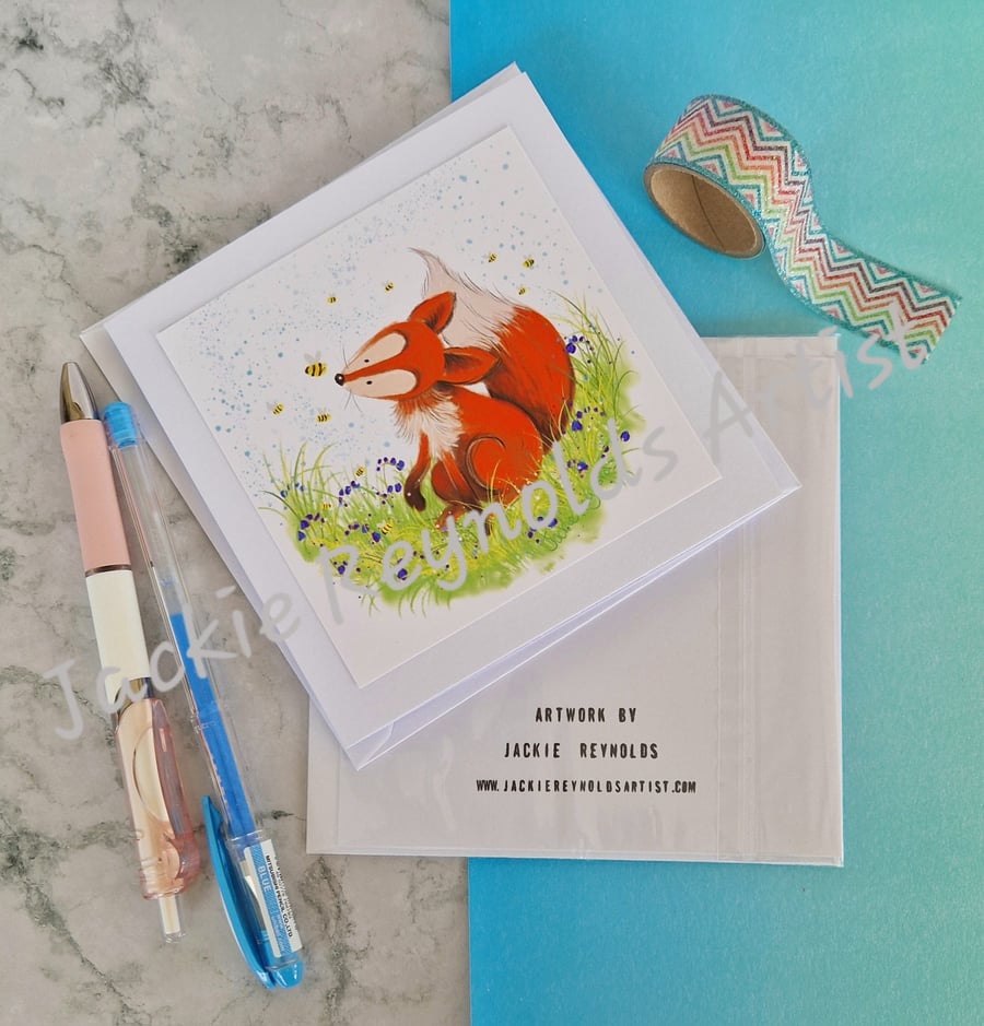 Blank Greeting Card - Fox and Bee's in the Bluebells 