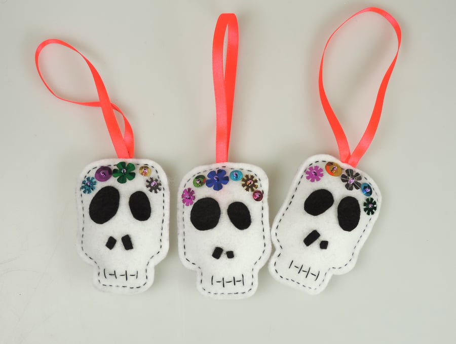 Halloween Skull, Day of the Dead, Fun Felt Decorations set of 3