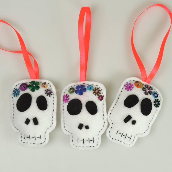 Halloween Skull, Day of the Dead, Fun Felt Decorations set of 3