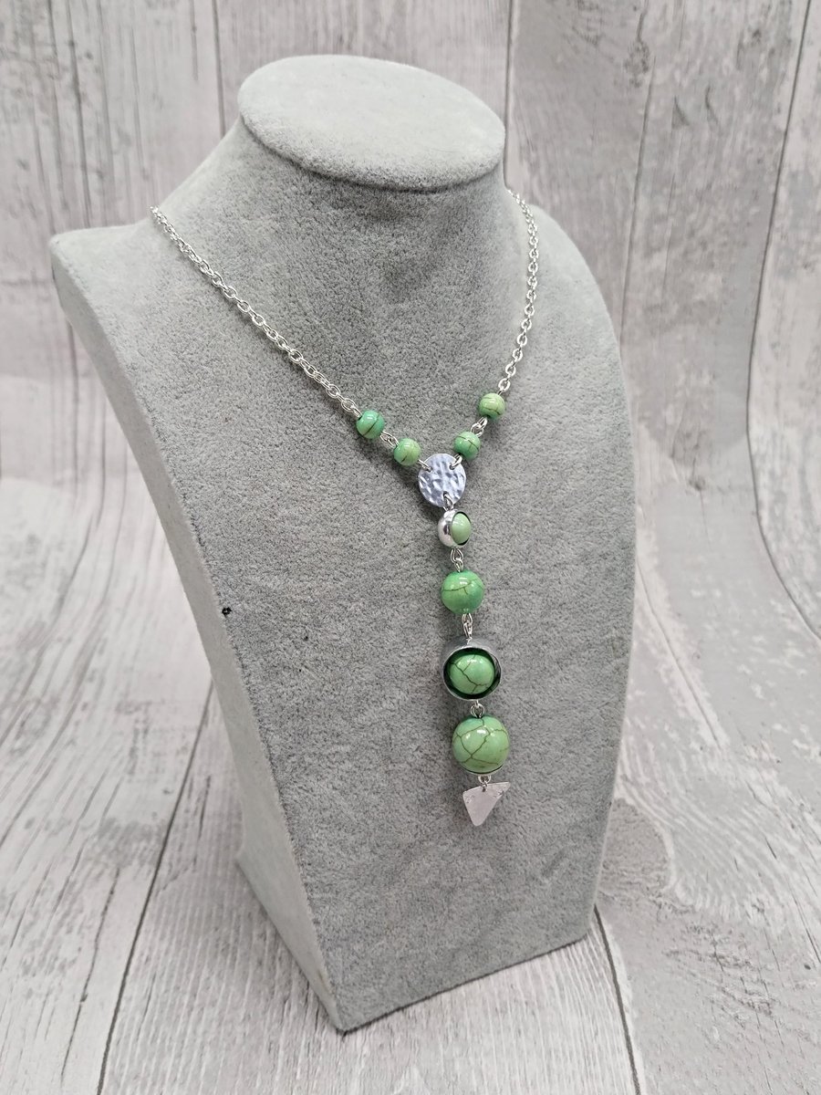 Aluminium Round Tube, Recycled Green Beads Y-Lariat Necklace, Upcycled Jewellery
