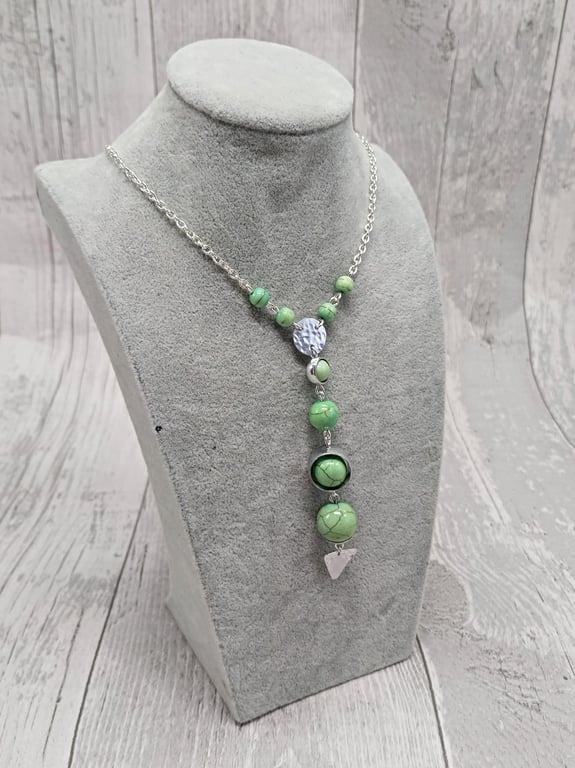 Aluminium Round Tube, Recycled Green Beads Y-Lariat Necklace, Upcycled Jewellery