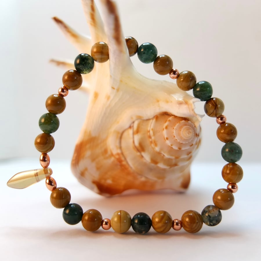 Moss Agate, Wood Lace Agate, Copper And Glass Bracelet - Handmade In Devon