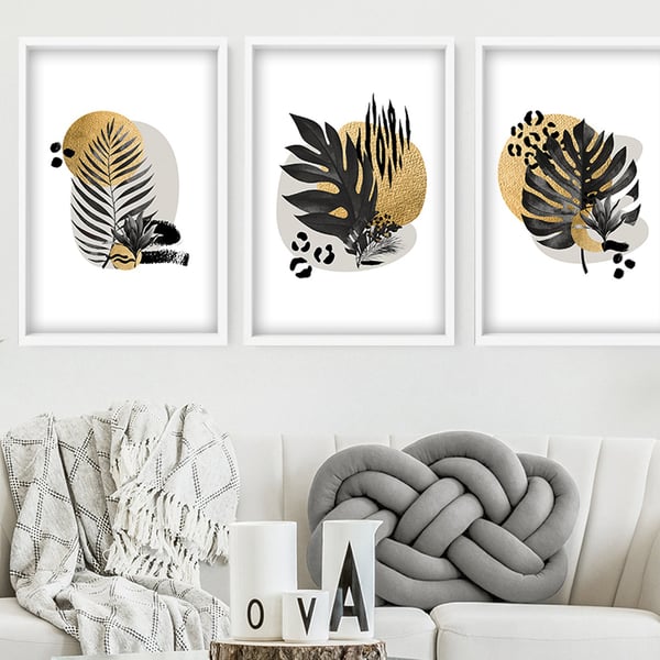 gold botanical art print, gardener gifts for women, tropical wall art set of 3, 