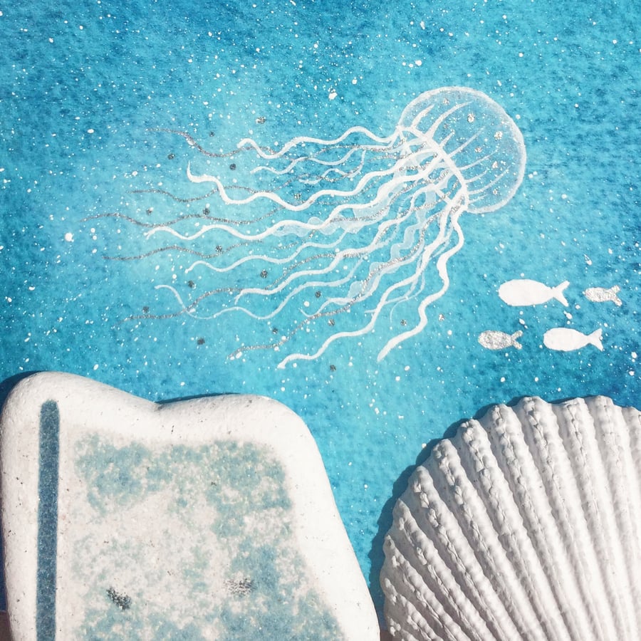 Jellyfish Underwater Sea Painting - Original Framed Watercolour & Beach Pottery