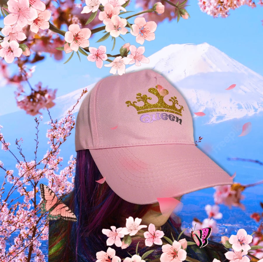 Pink Queen Queencard Sparkly Gold Crown Baseball Cap Hat from Retrosheep