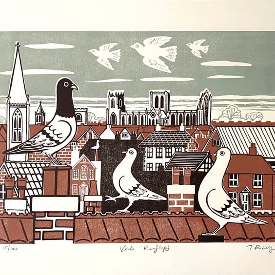 York Rooftops hand printed Linocut print by Theodore Roberts