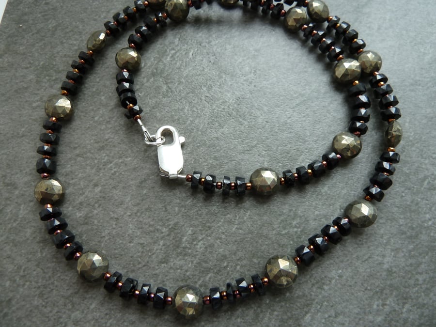 black spinel and pyrite gemstone necklace