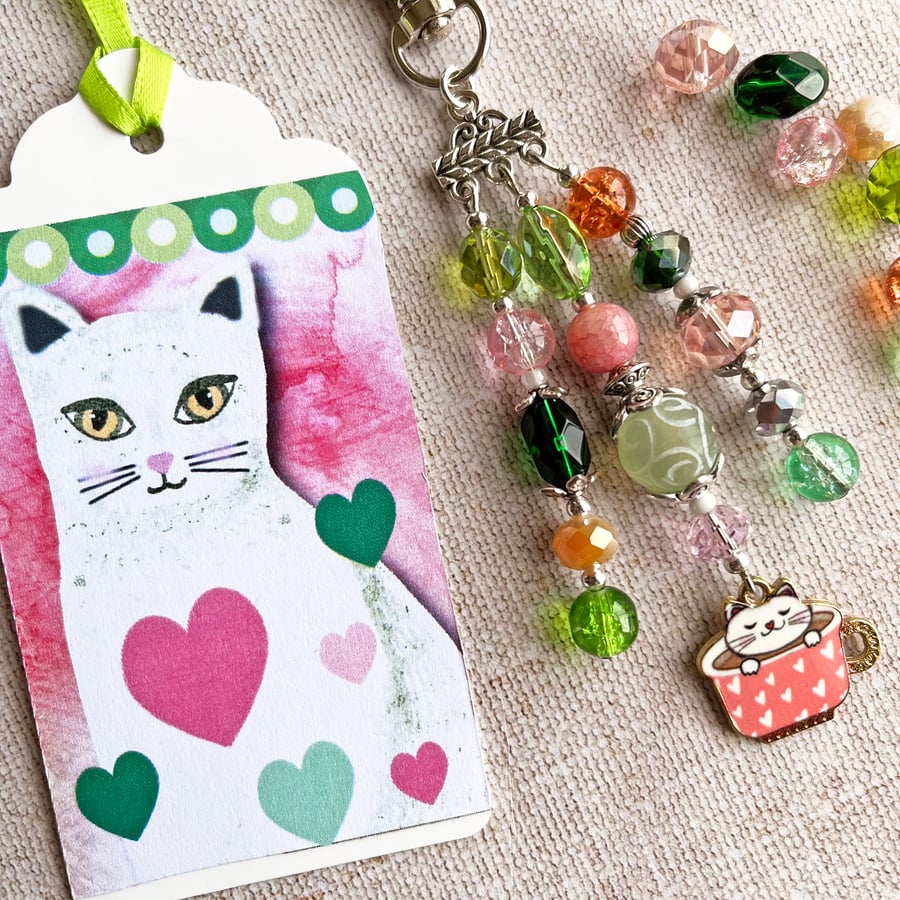 White cat bag charm, cat in a cup charm, gift for cat lover