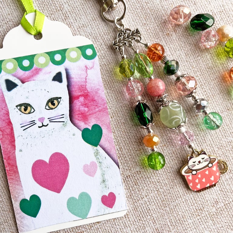 White cat bag charm, cat in a cup charm, gift for cat lover