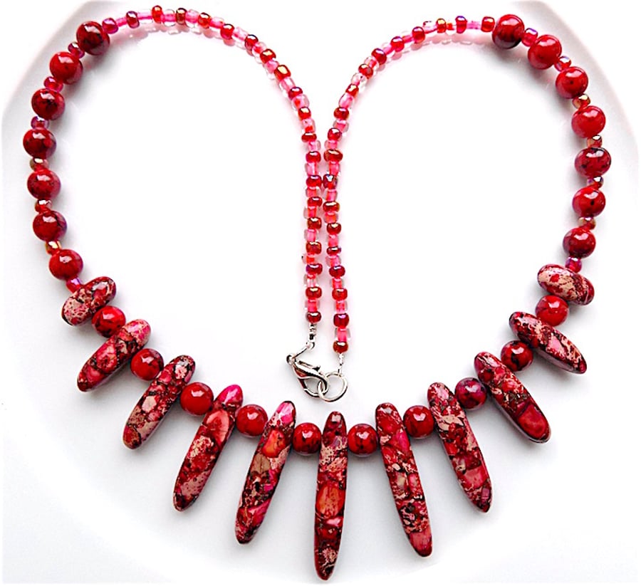 Gem stone necklace blue sea sediment jasper pendant drops.