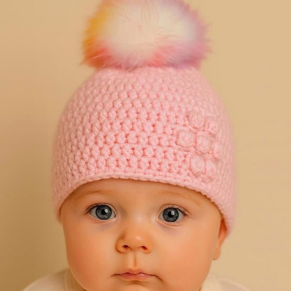 Pink baby crocheted hat white faux fur pompom with orange purple & pink 