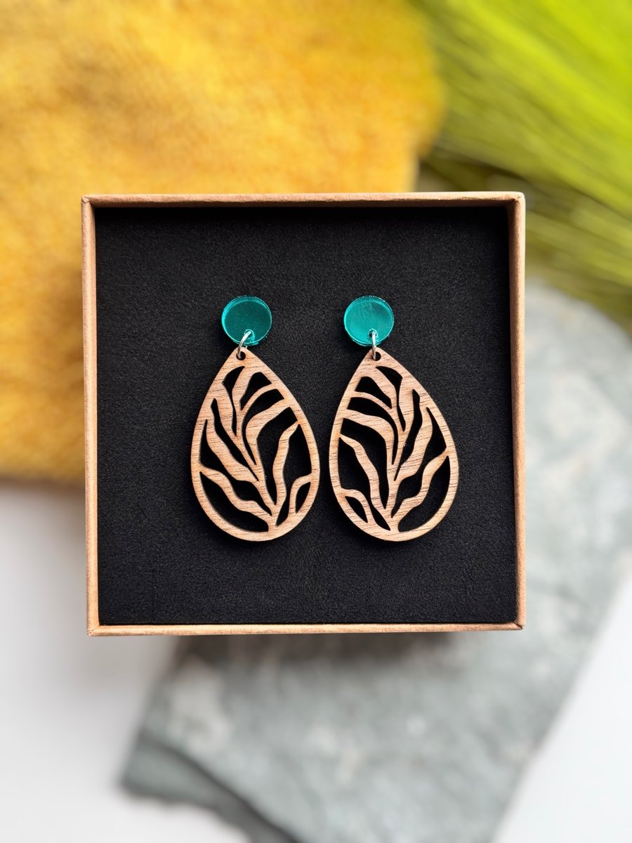 Fern Teardrop Wood and Acrylic Earrings