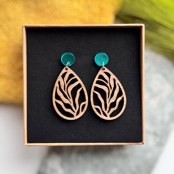 Fern Teardrop Wood and Acrylic Earrings