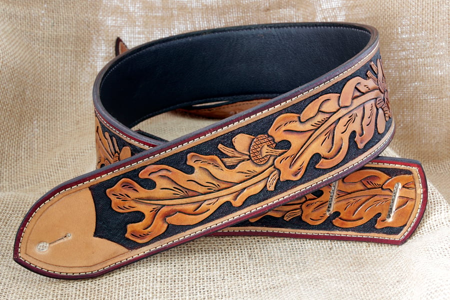 Handmade Leather Tooled Oak Leaf Guitar Strap