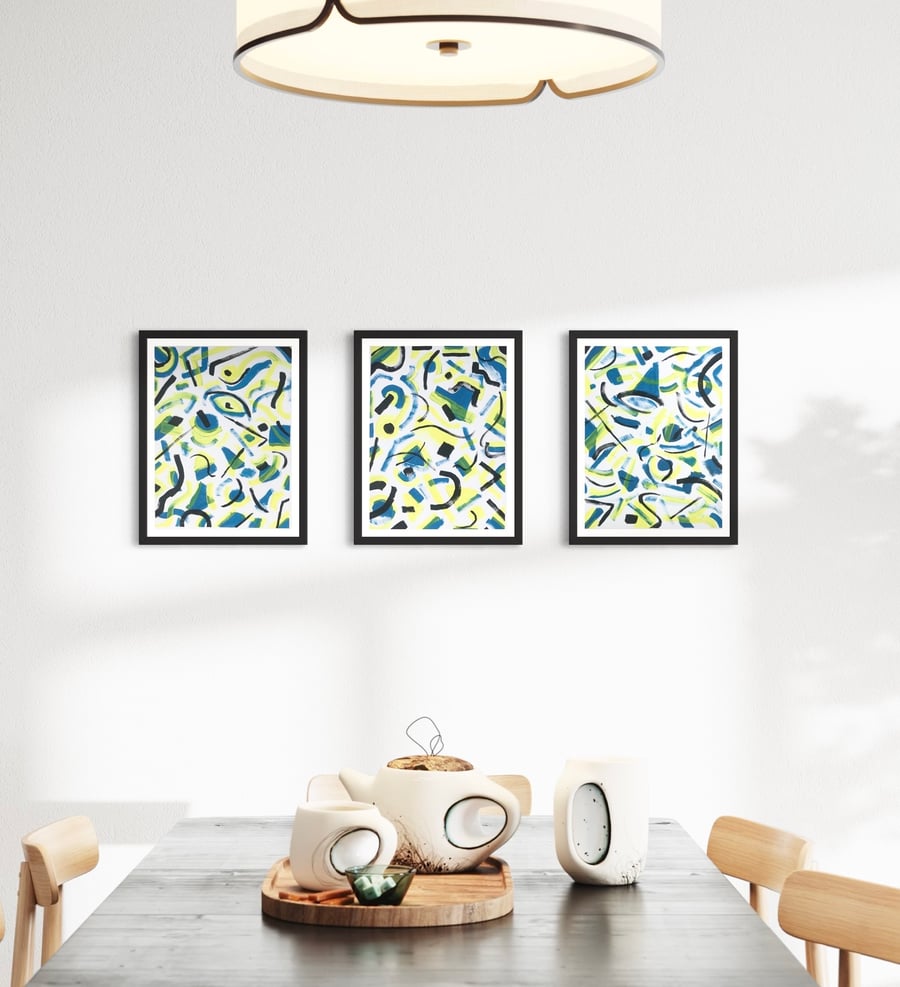 Summer Lake Abstract Triptych Acrylic Painting 