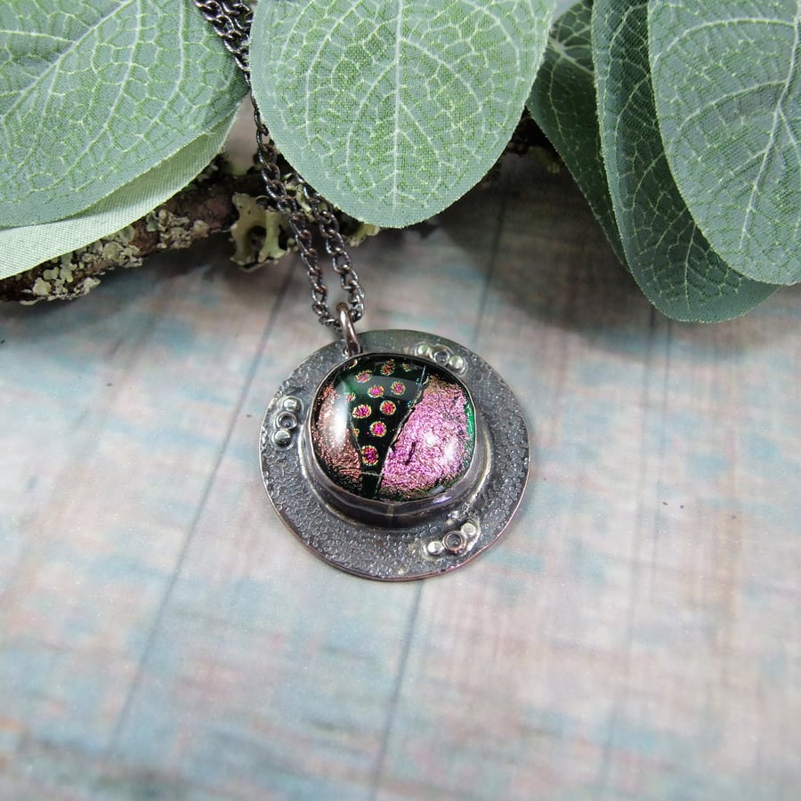 Sparkly Purple Dichroic Glass and Copper Necklace. Artisan Pendant