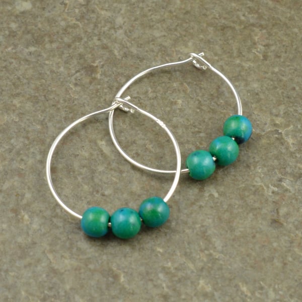 Green Blue Azurite Chrysocolla Gemstone & 20mm Sterling Silver Hoop Earrings