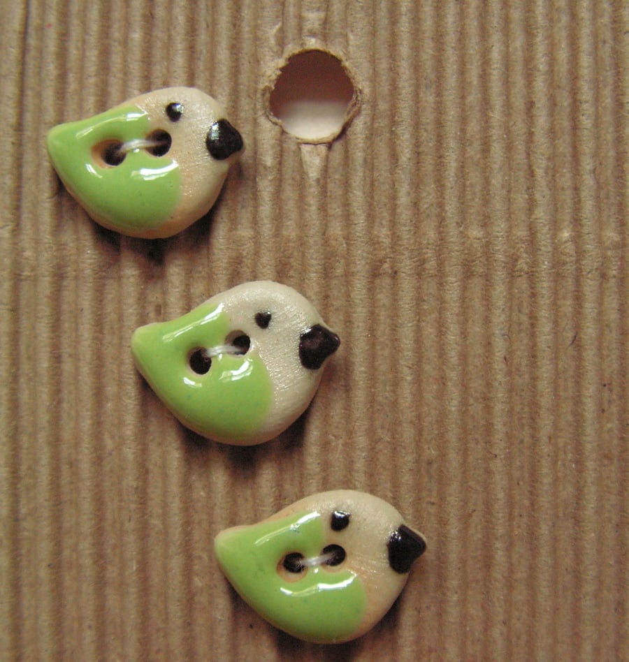 Set of 5 ceramic tiny green and cream bird buttons