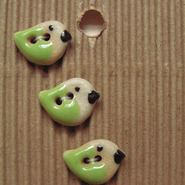 Set of 5 ceramic tiny green and cream bird buttons