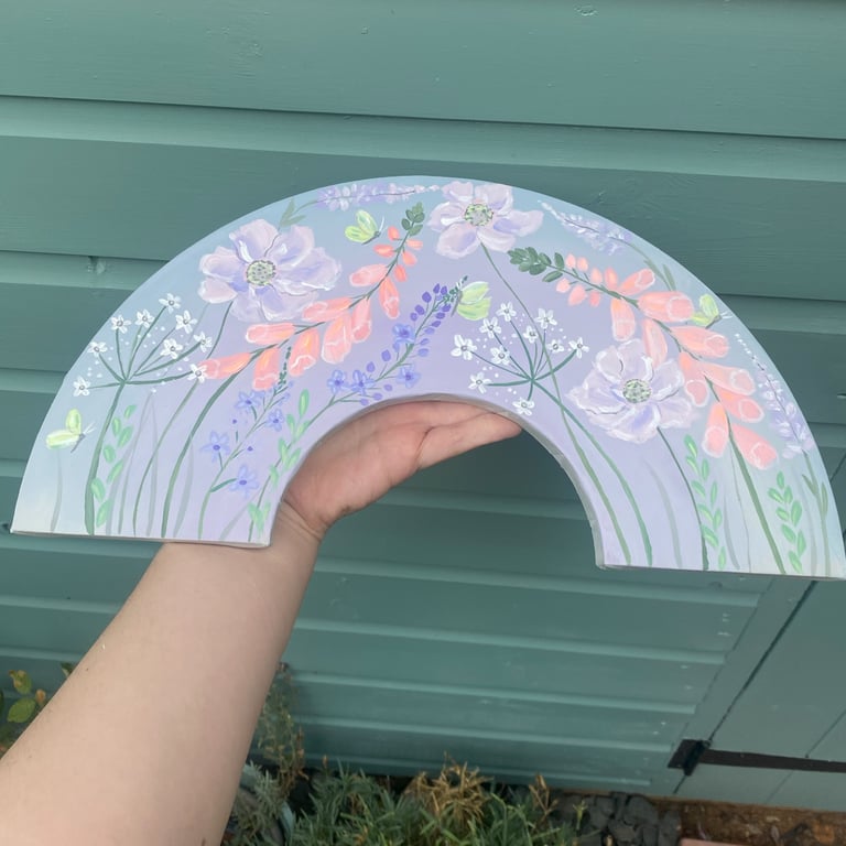 Hand Painted Floral Original art canvas on a rainbow arch shape approx 16”