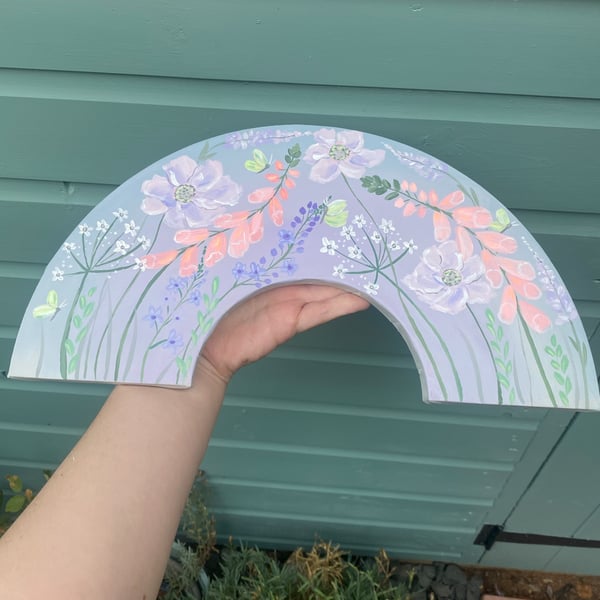 Hand Painted Floral Original art canvas on a rainbow arch shape approx 16”