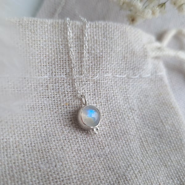 Dainty rainbow moonstone and sterling silver pendant necklace