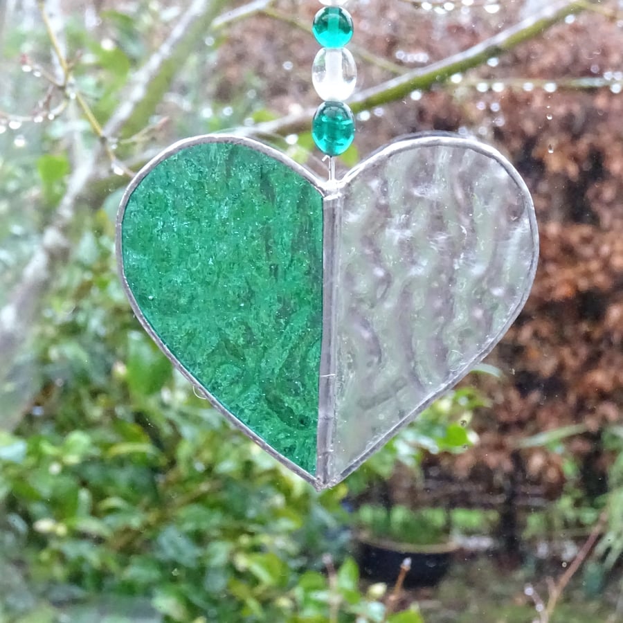 Stained Glass Small Heart Suncatcher - Handmade Decoration - Green  and Clear