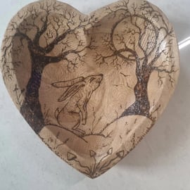 Hand carved solid wooden heart bowl Moon gazing Hare artwork wood burn art