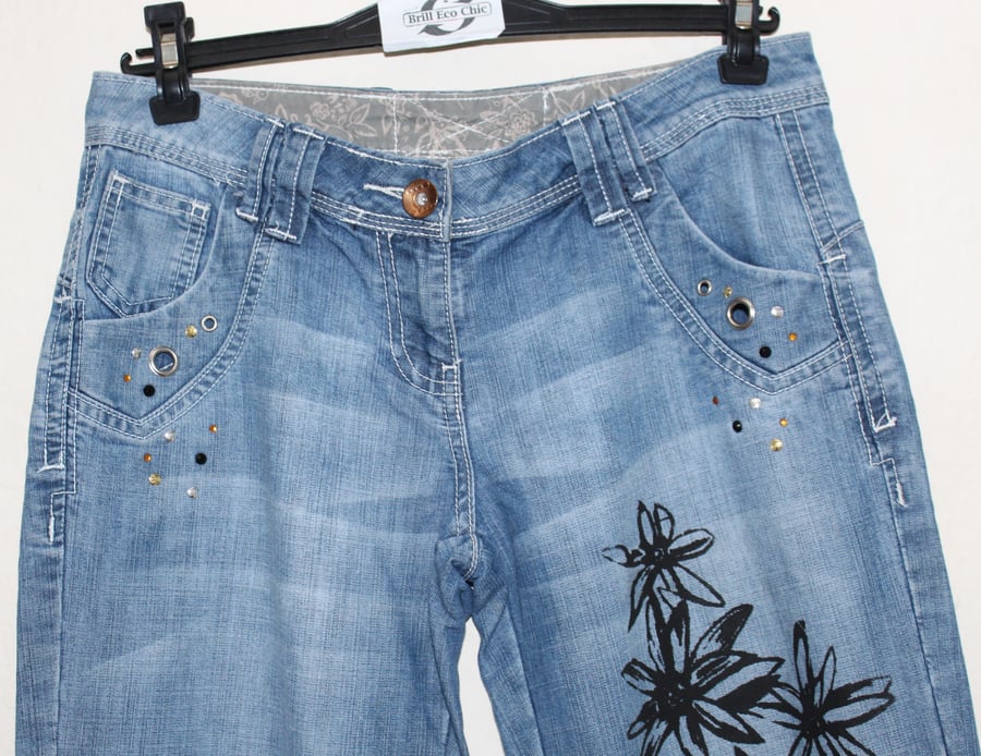 Ladies UK size 8,Eco reworked jeans,floral screen print unique denim