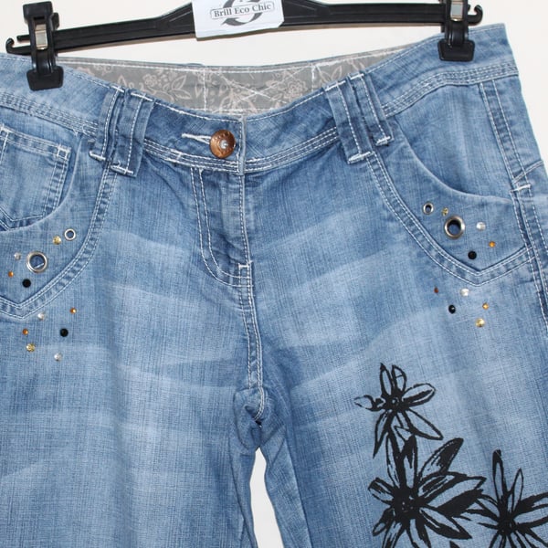 Ladies UK size 8,Eco reworked jeans,floral screen print unique denim