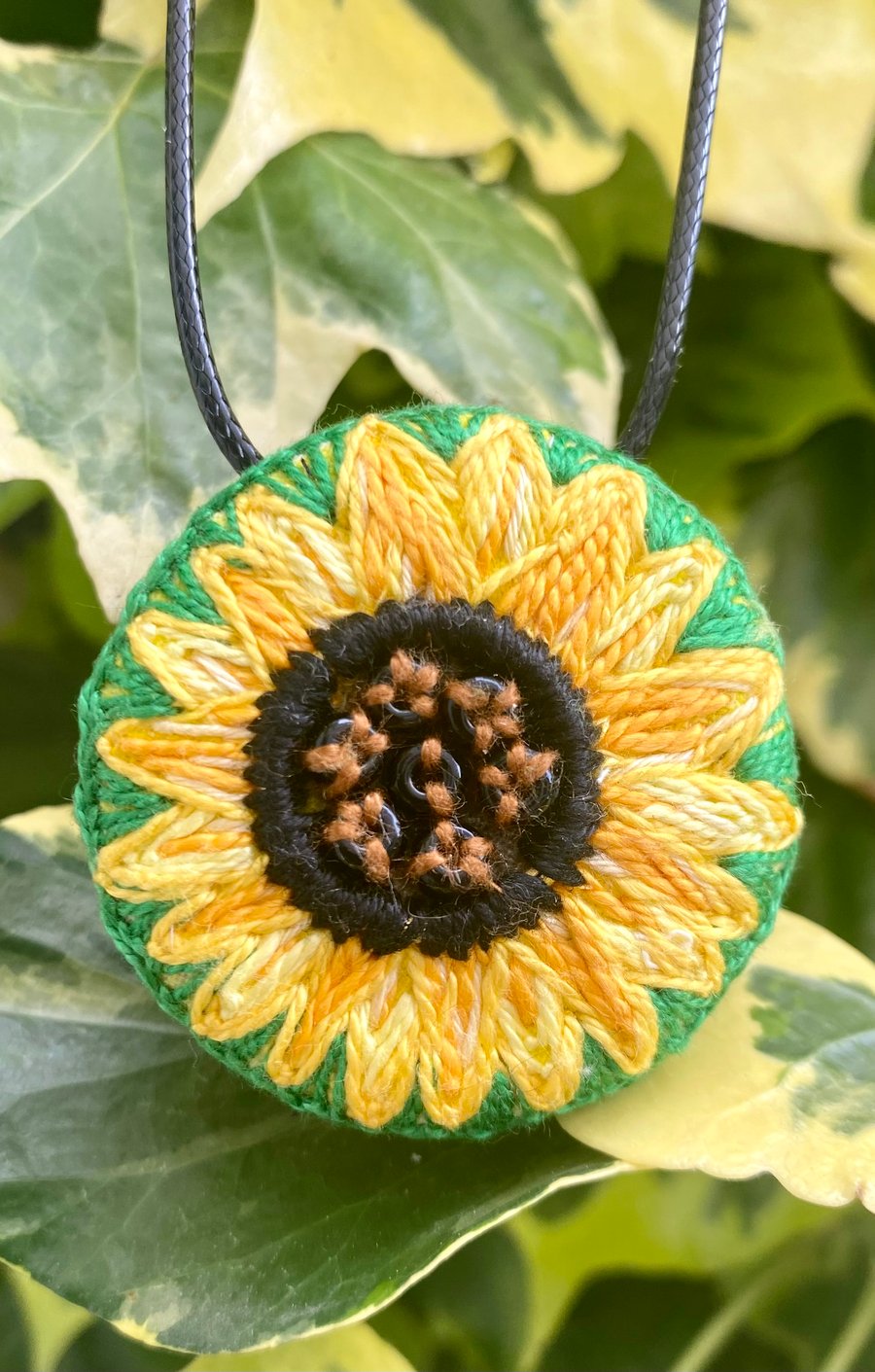 Sunflower Pendant, hand embroidered sustainable gift