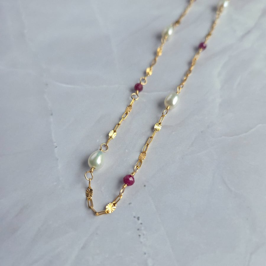 Ruby and Pearl Necklace 14kt Gold Filled - July Birthstone Necklace