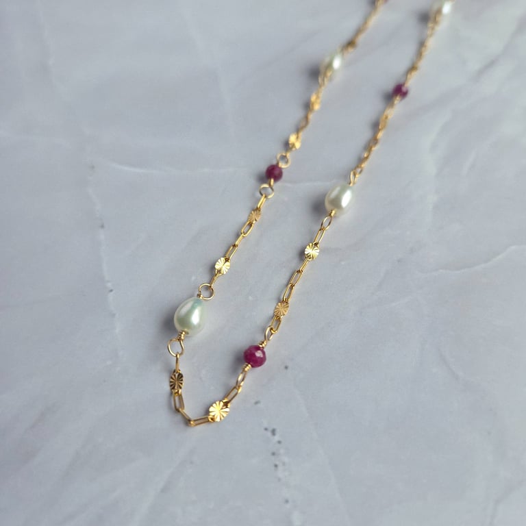 Ruby and Pearl Necklace 14kt Gold Filled - July Birthstone Necklace